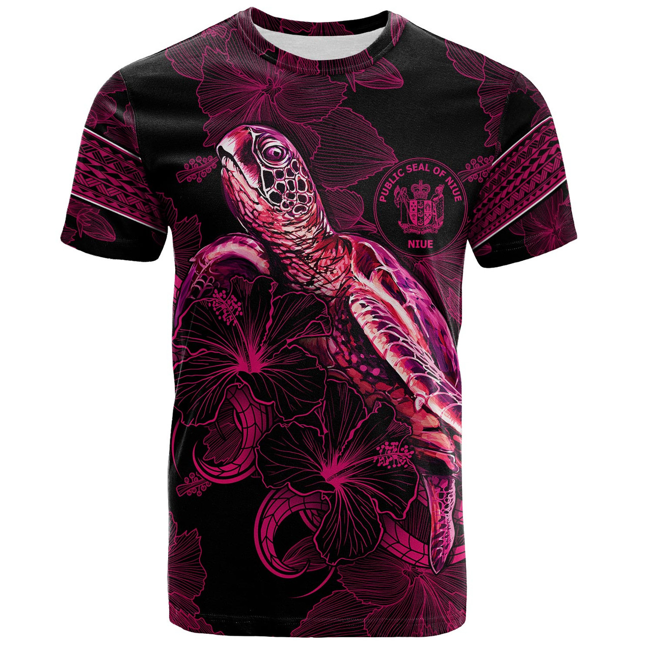 Niue T-Shirt Sea Turtle With Blooming Hibiscus Flowers Tribal Maroon