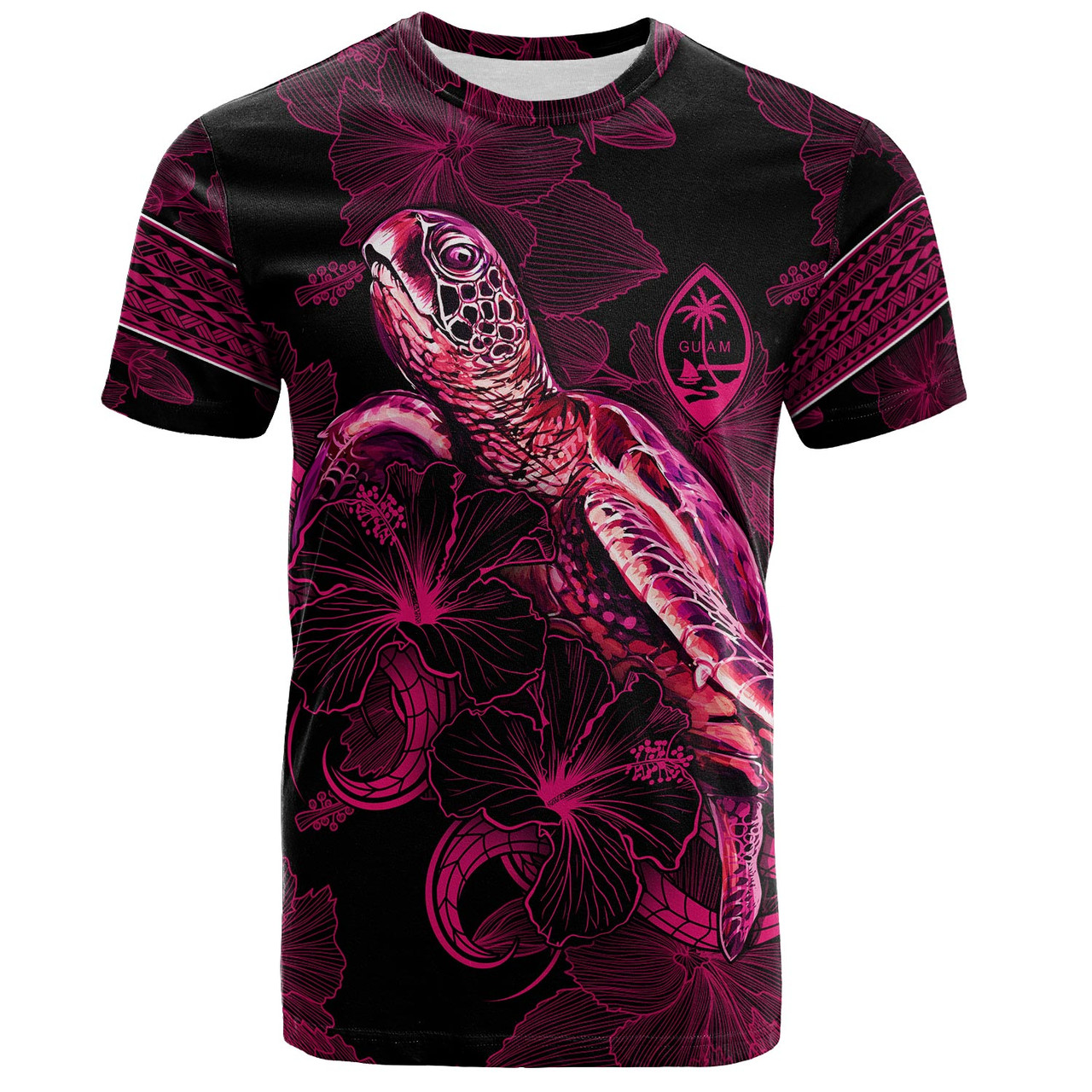 Guam T-Shirt Sea Turtle With Blooming Hibiscus Flowers Tribal Maroon