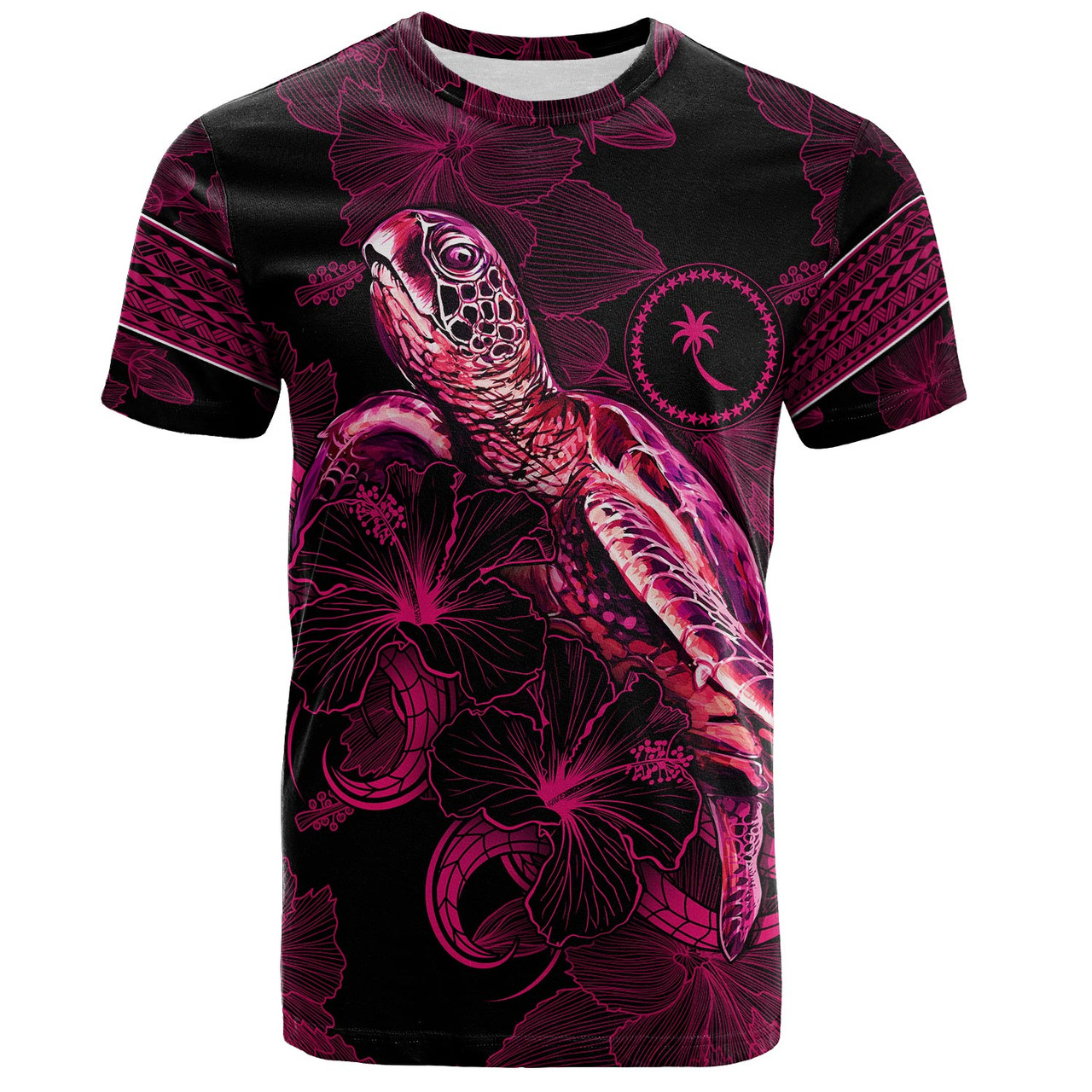 Chuuk State T-Shirt Sea Turtle With Blooming Hibiscus Flowers Tribal Maroon