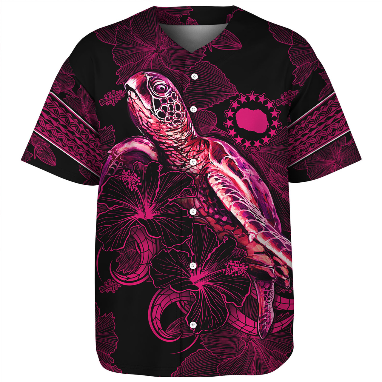 Cook Islands Baseball Shirt Sea Turtle With Blooming Hibiscus Flowers Tribal Maroon