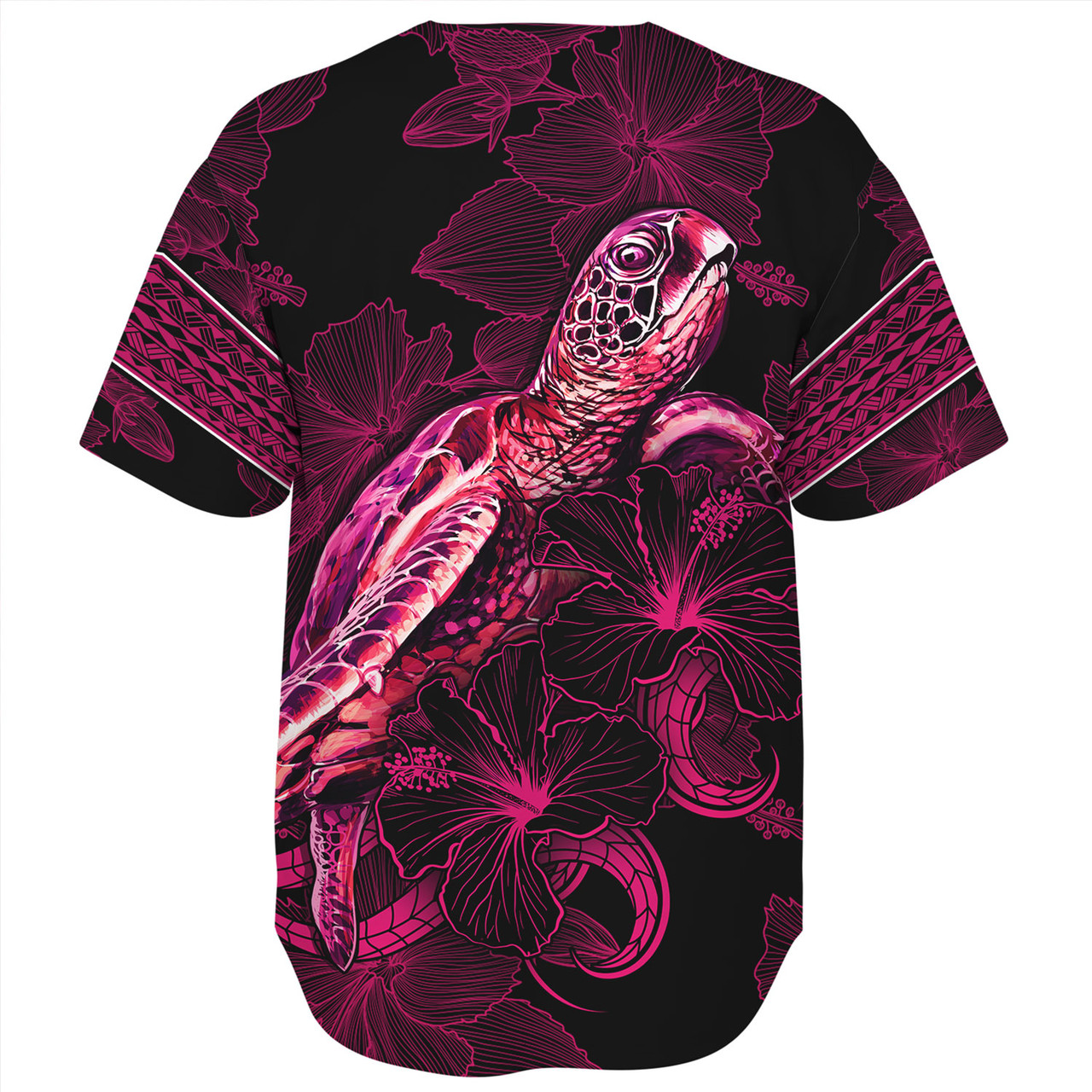 Tonga Baseball Shirt Sea Turtle With Blooming Hibiscus Flowers Tribal Maroon