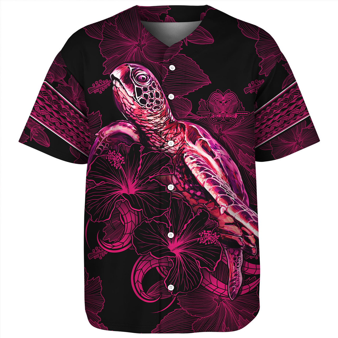 Papua New Guinea Baseball Shirt Sea Turtle With Blooming Hibiscus Flowers Tribal Maroon