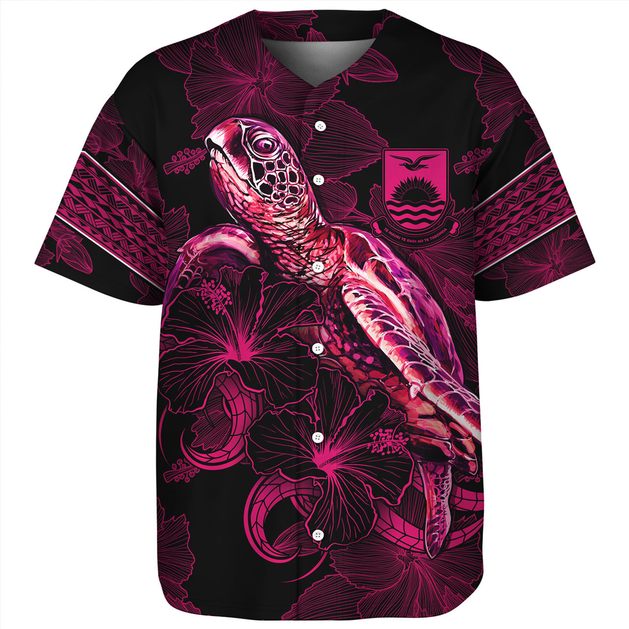 Kiribati Baseball Shirt Sea Turtle With Blooming Hibiscus Flowers Tribal Maroon