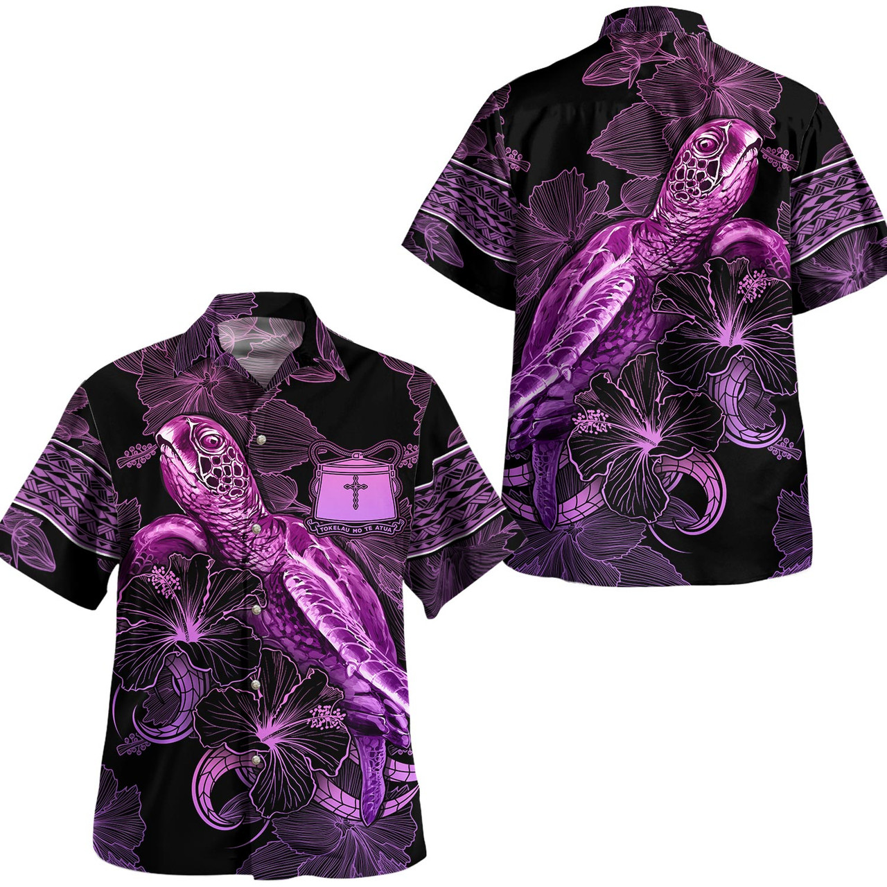 Tokelau Hawaiian Shirt Sea Turtle With Blooming Hibiscus Flowers Tribal Purple