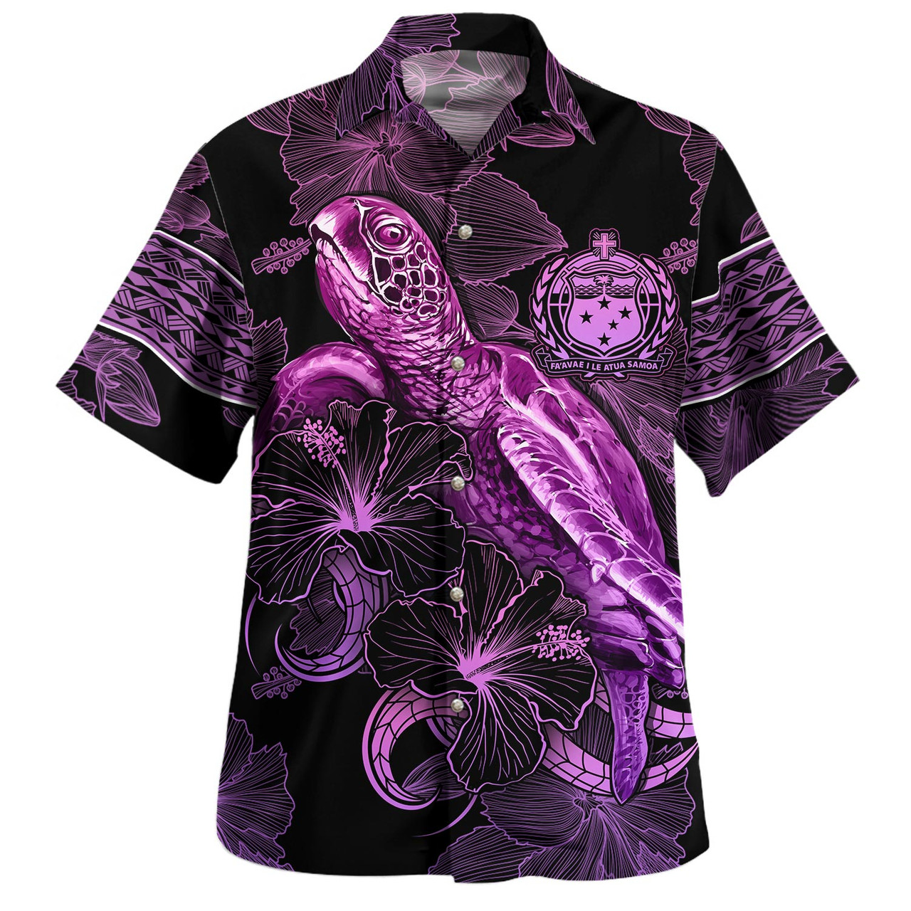 Samoa Hawaiian Shirt Sea Turtle With Blooming Hibiscus Flowers Tribal Purple