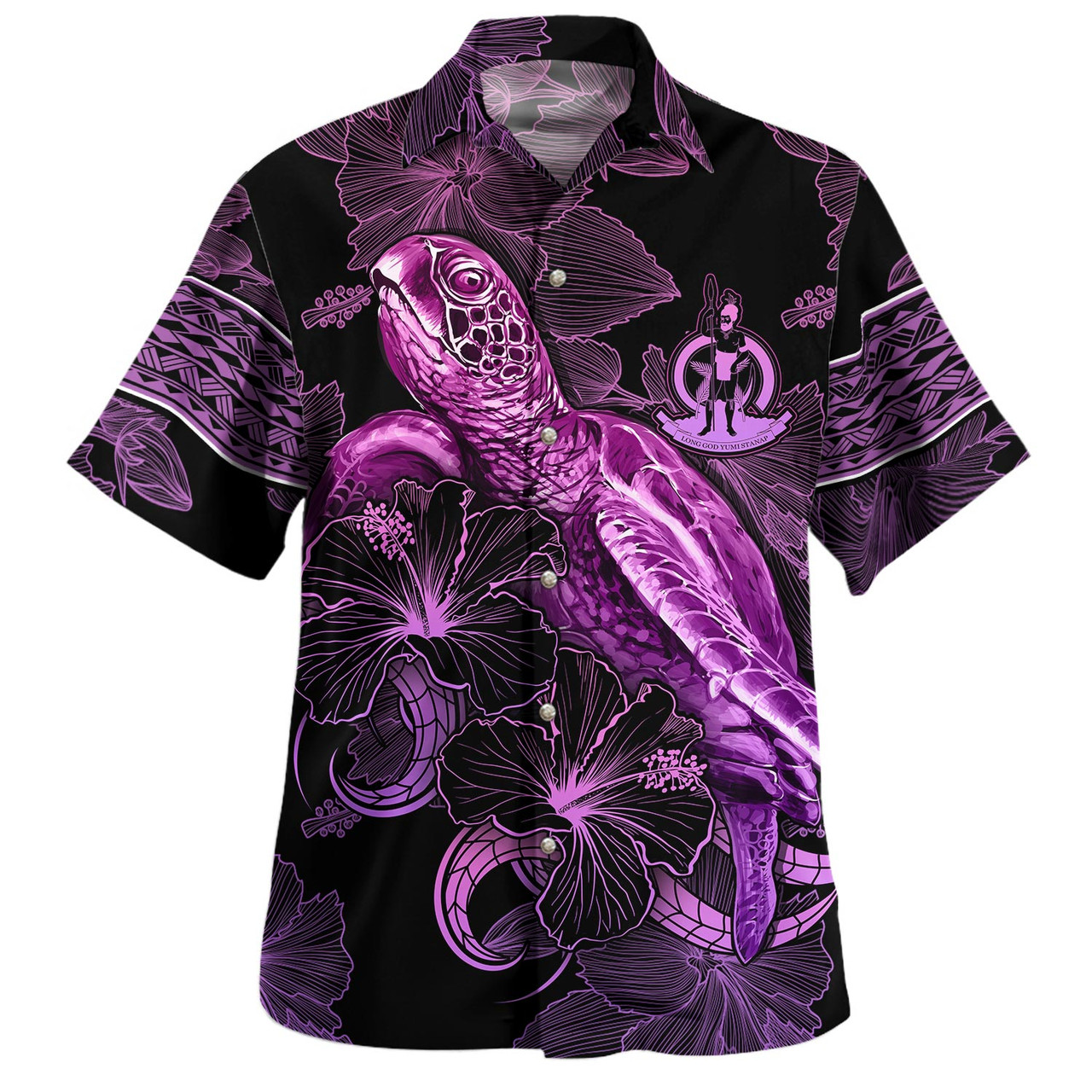 Vanuatu Hawaiian Shirt Sea Turtle With Blooming Hibiscus Flowers Tribal Purple