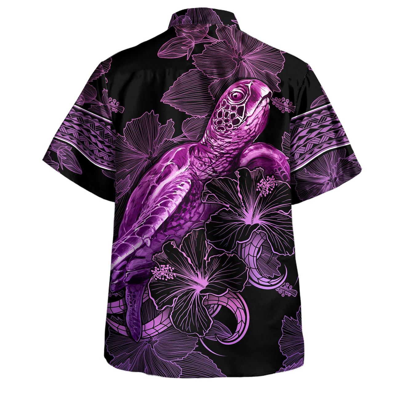 Guam Hawaiian Shirt Sea Turtle With Blooming Hibiscus Flowers Tribal Purple