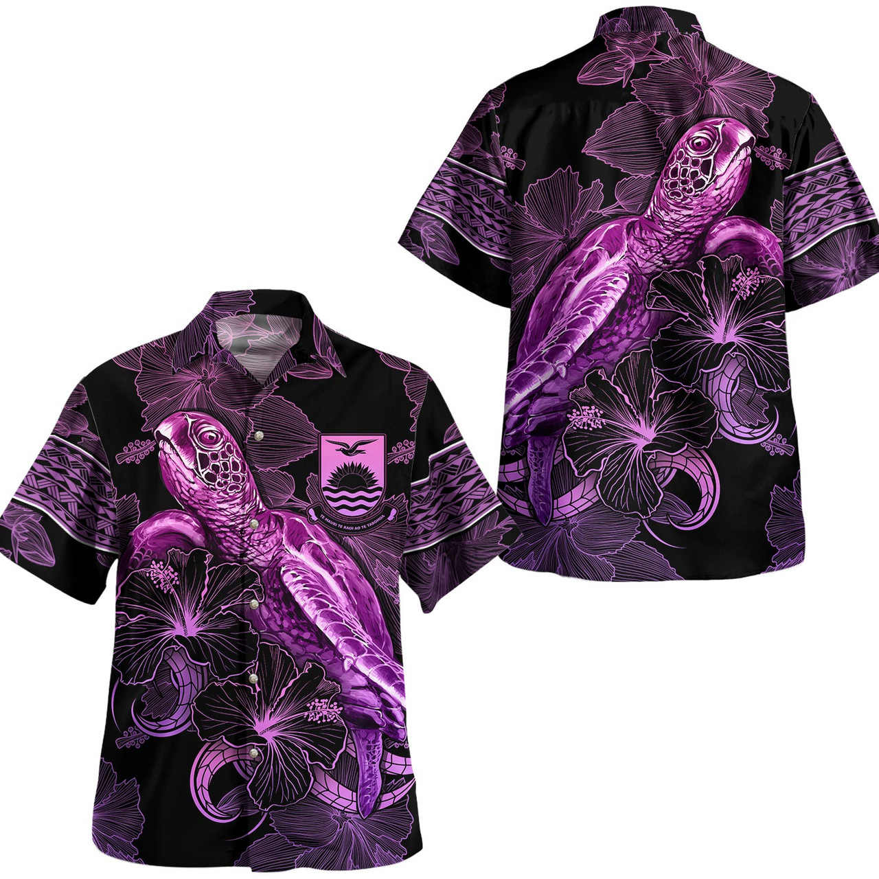 Kiribati Hawaiian Shirt Sea Turtle With Blooming Hibiscus Flowers Tribal Purple