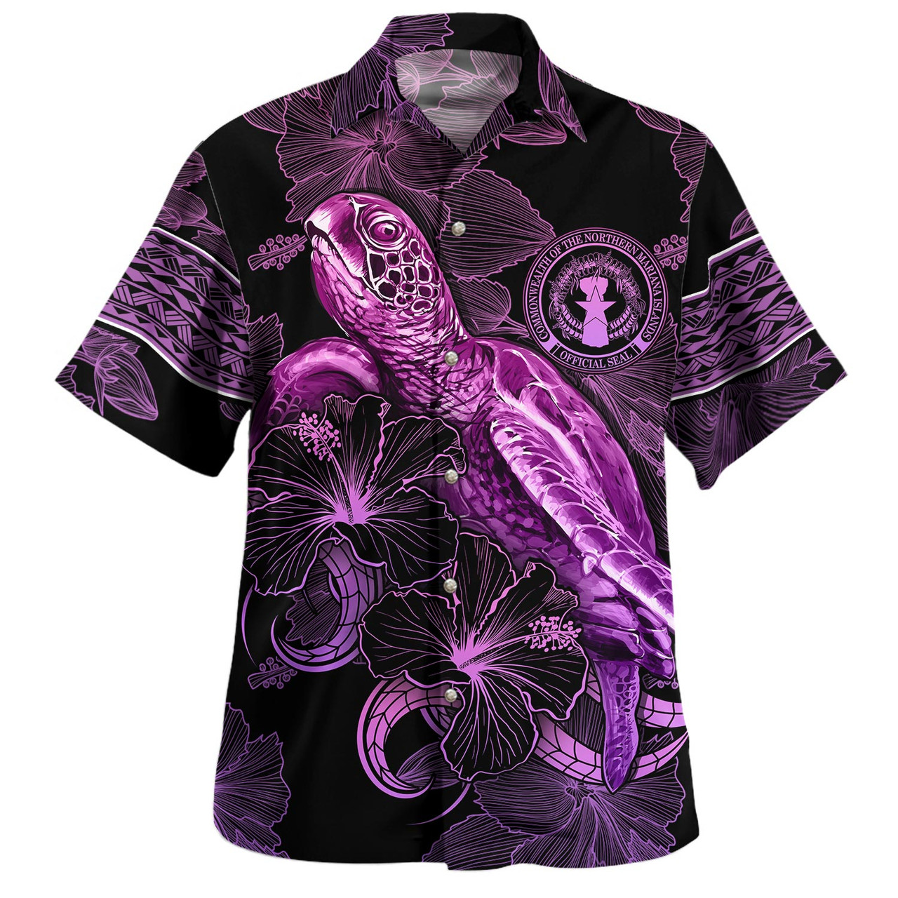 Northern Mariana Islands Hawaiian Shirt Sea Turtle With Blooming Hibiscus Flowers Tribal Purple