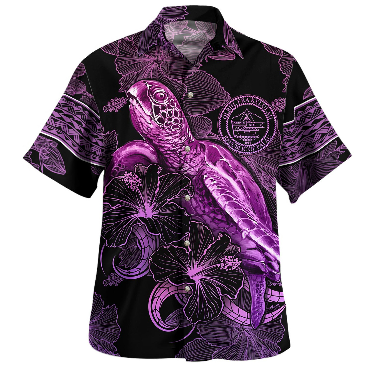 Palau Hawaiian Shirt Sea Turtle With Blooming Hibiscus Flowers Tribal Purple