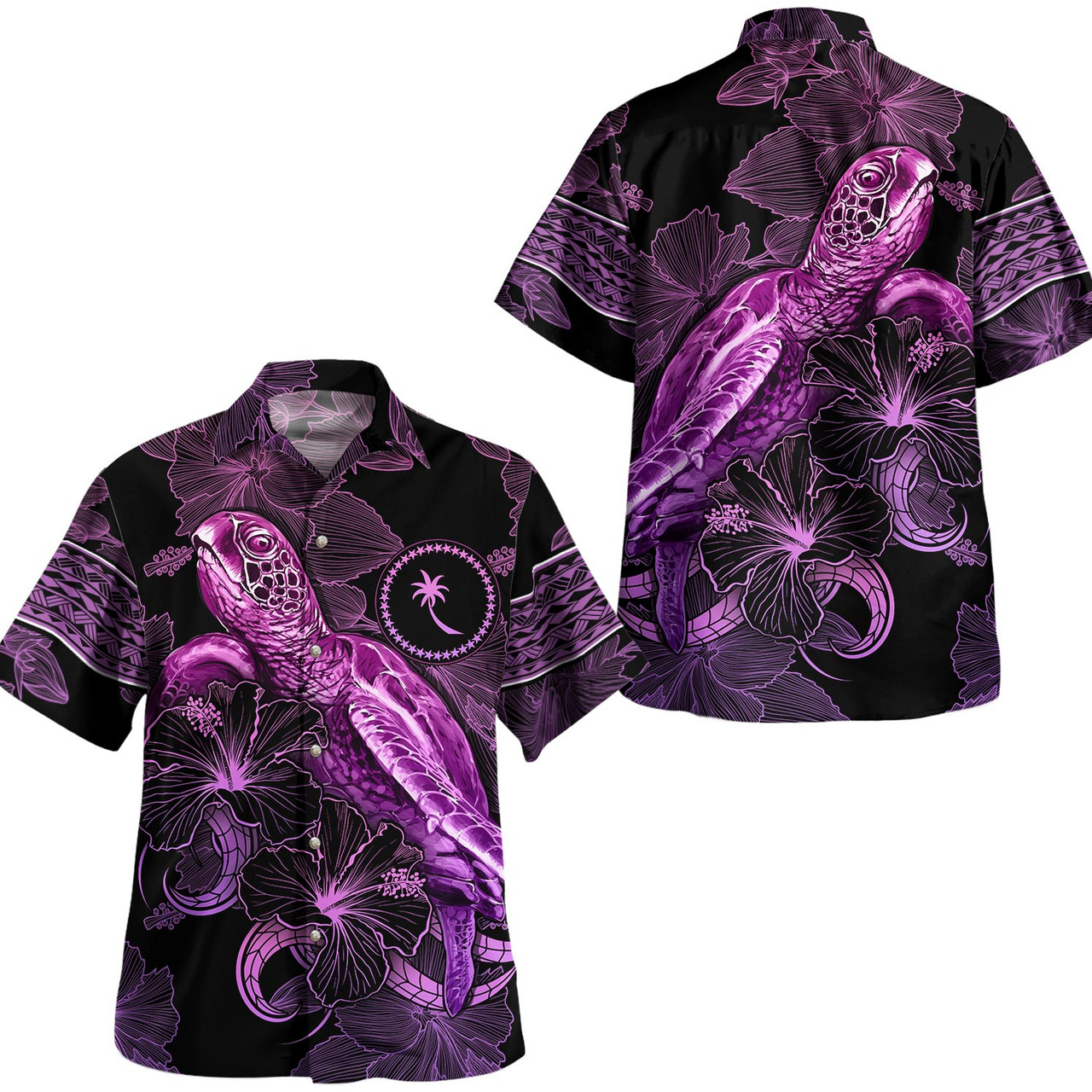 Chuuk State Hawaiian Shirt Sea Turtle With Blooming Hibiscus Flowers Tribal Purple