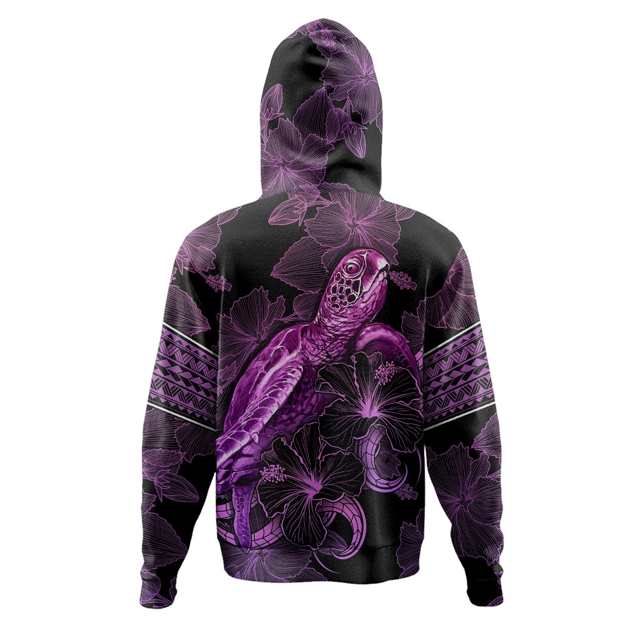 Papua New Guinea Hoodie Sea Turtle With Blooming Hibiscus Flowers Tribal Purple