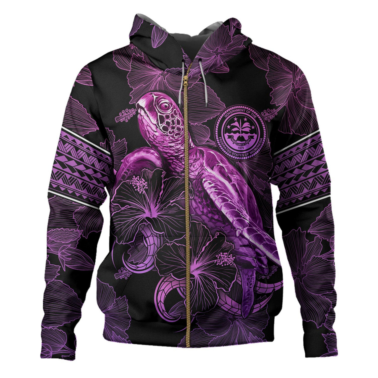 Federated States Of Micronesia Hoodie Sea Turtle With Blooming Hibiscus Flowers Tribal Purple