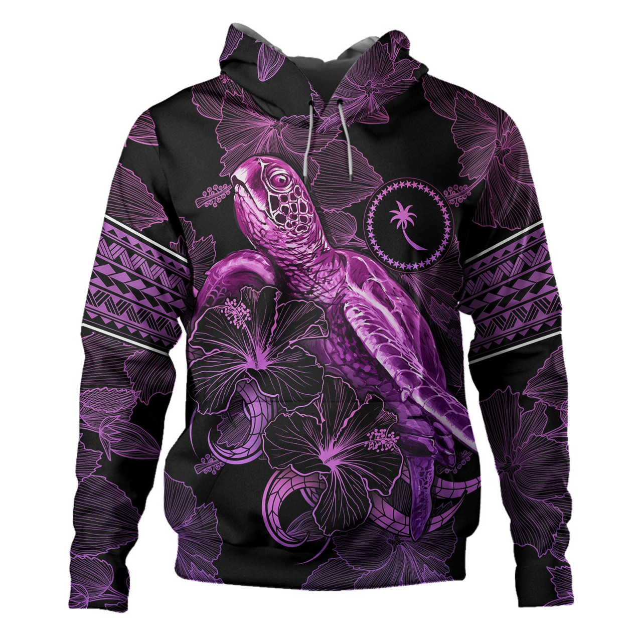 Chuuk State Hoodie Sea Turtle With Blooming Hibiscus Flowers Tribal Purple