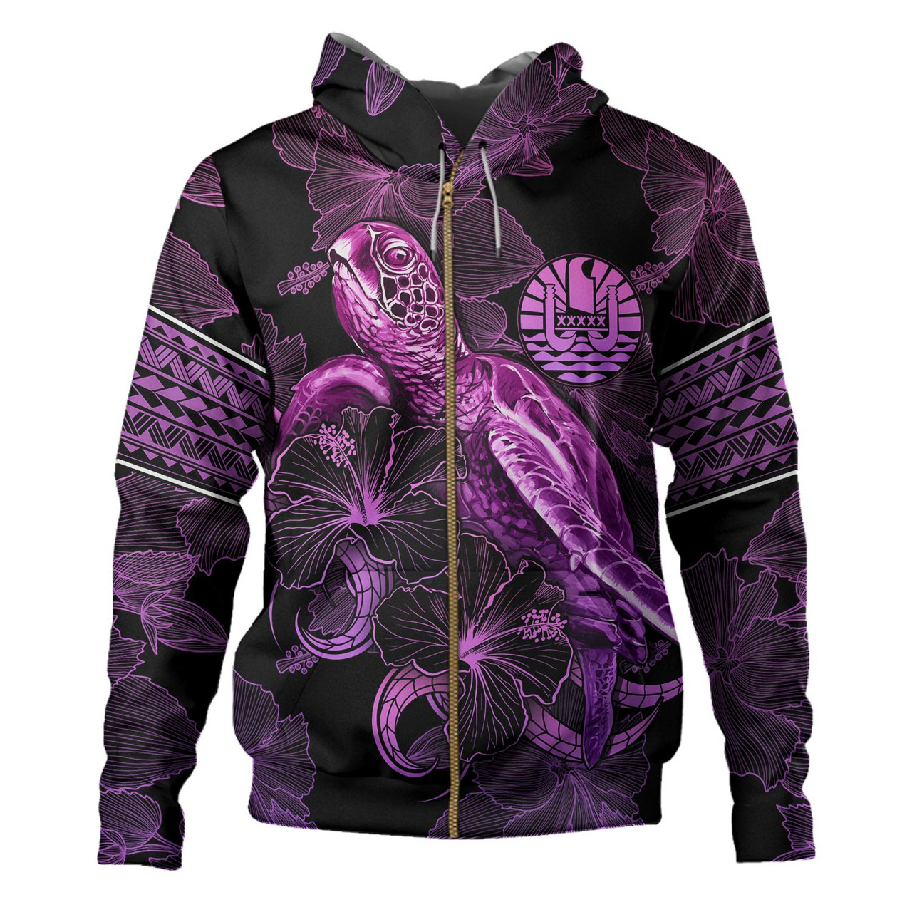 French Polynesia Hoodie Sea Turtle With Blooming Hibiscus Flowers Tribal Purple