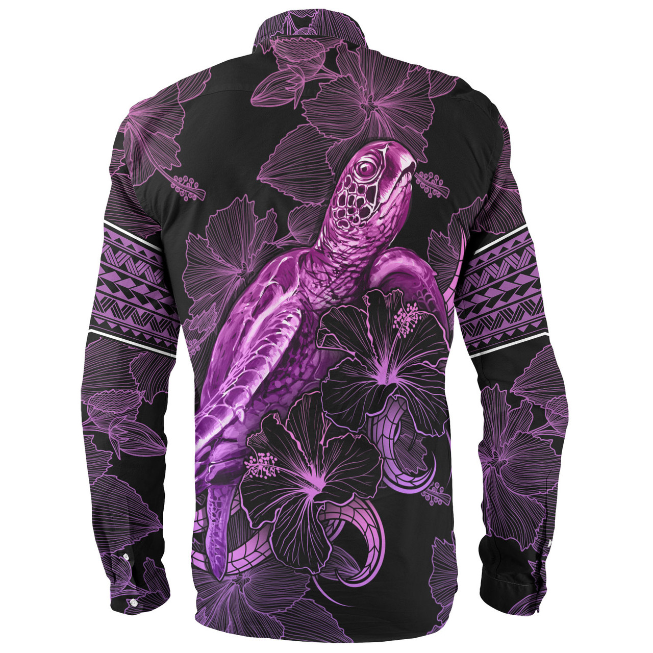 Cook Islands Long Sleeve Shirt Sea Turtle With Blooming Hibiscus Flowers Tribal Purple