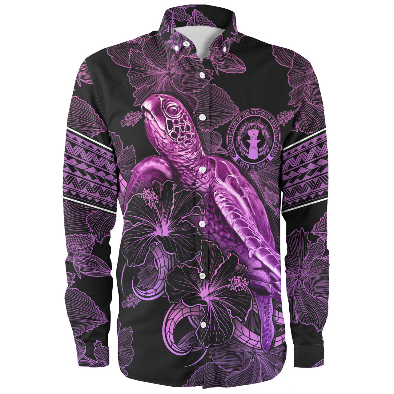 Northern Mariana Islands Long Sleeve Shirt Sea Turtle With Blooming Hibiscus Flowers Tribal Purple