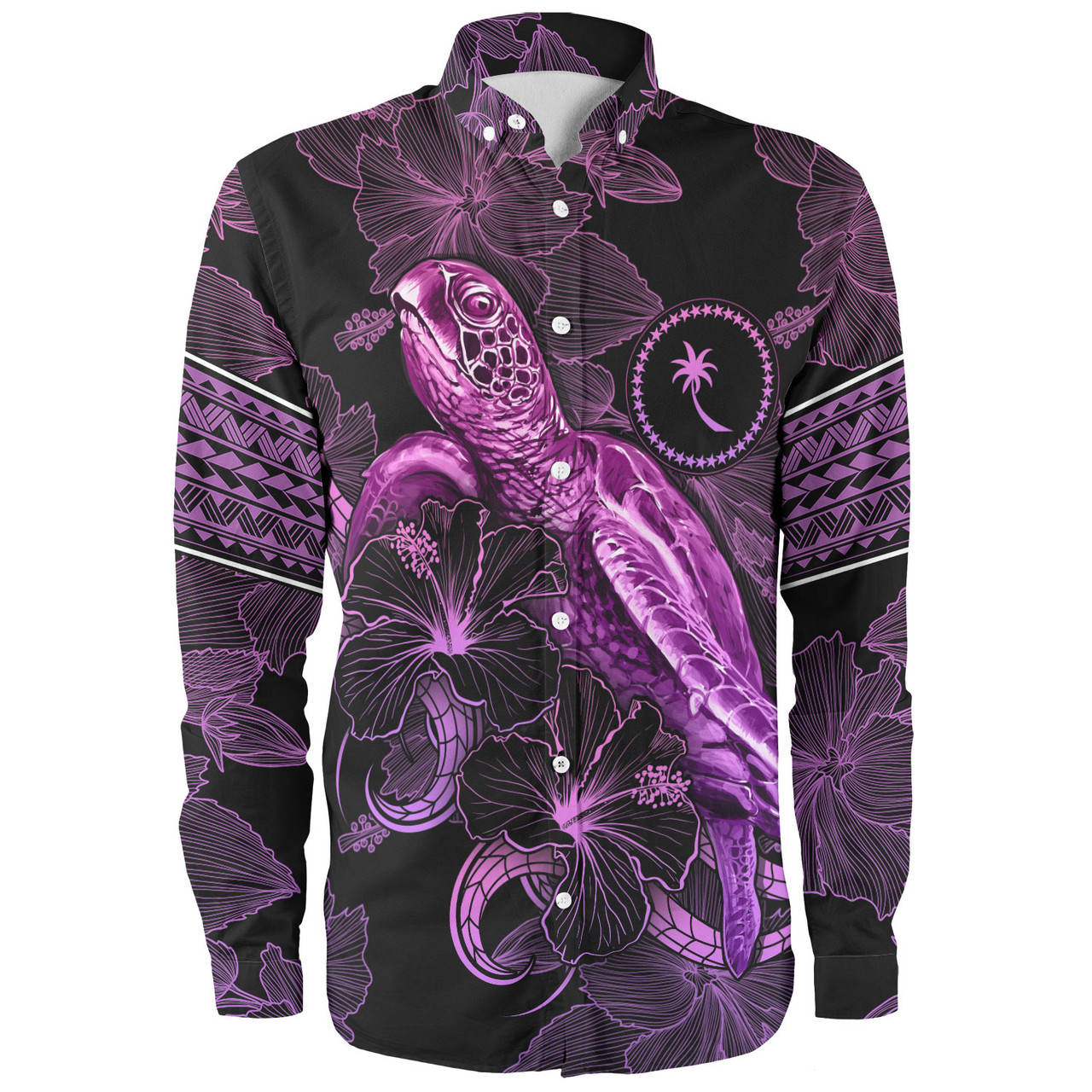 Chuuk State Long Sleeve Shirt Sea Turtle With Blooming Hibiscus Flowers Tribal Purple