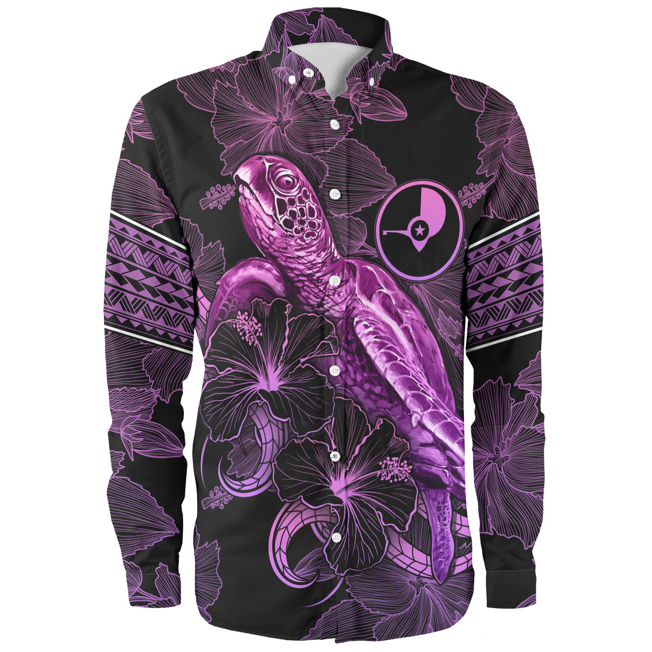 Yap State Long Sleeve Shirt Sea Turtle With Blooming Hibiscus Flowers Tribal Purple