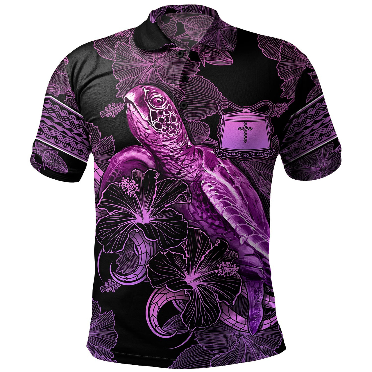 Tokelau Polo Shirt Sea Turtle With Blooming Hibiscus Flowers Tribal Purple