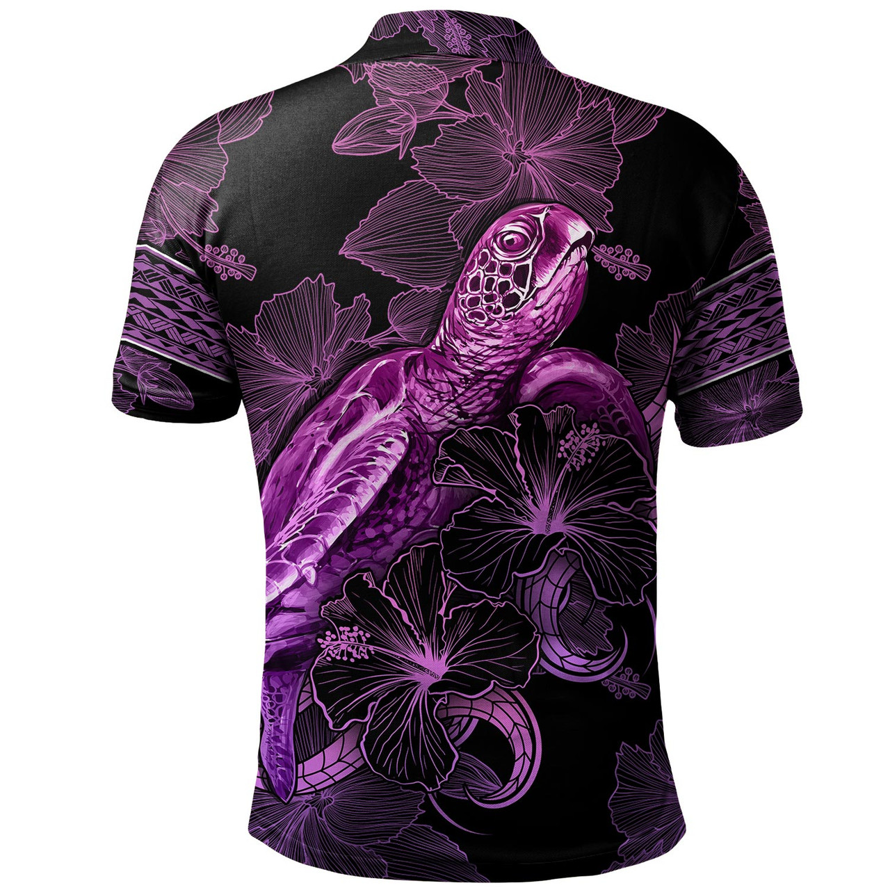 Tokelau Polo Shirt Sea Turtle With Blooming Hibiscus Flowers Tribal Purple