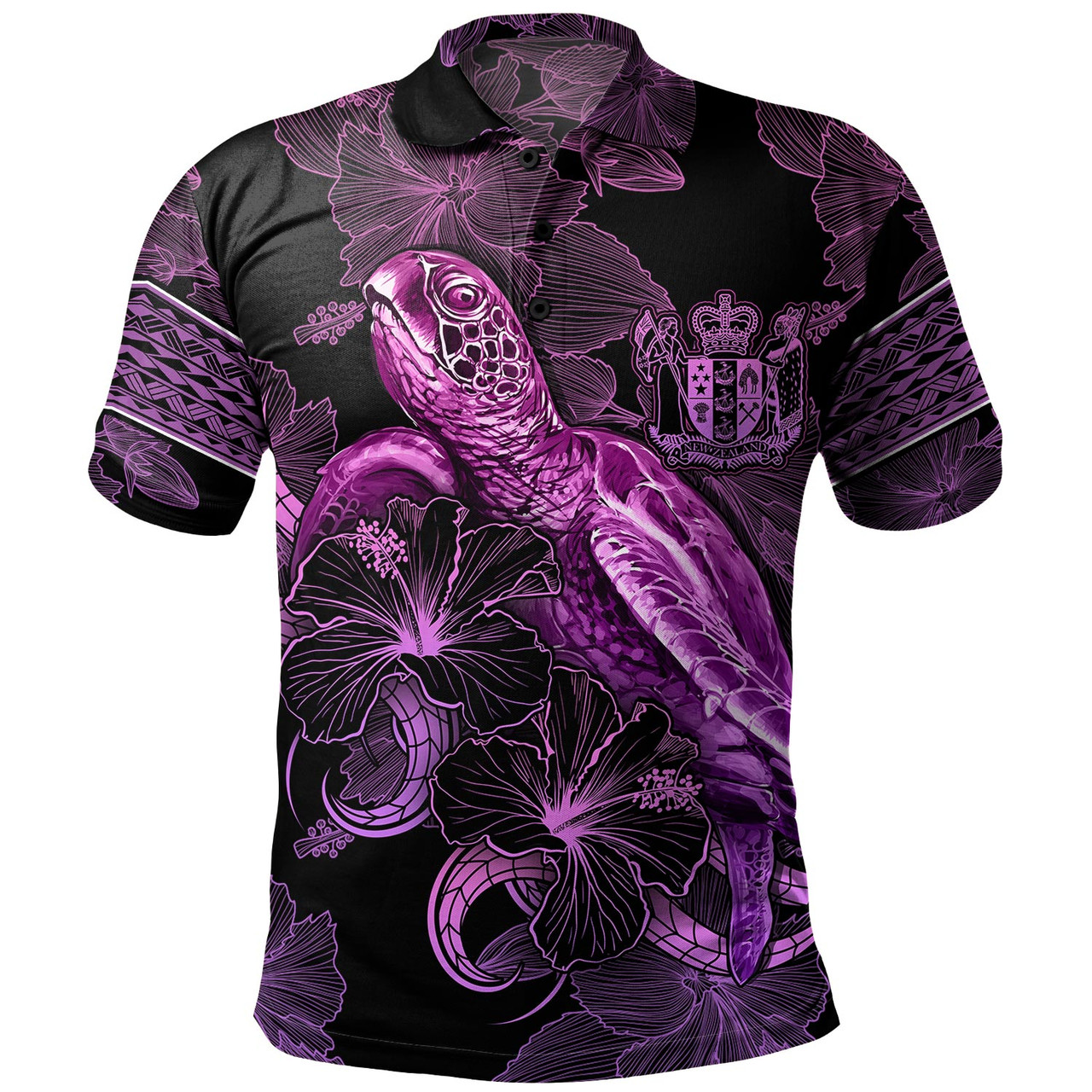 New Zealand Polo Shirt Sea Turtle With Blooming Hibiscus Flowers Tribal Purple