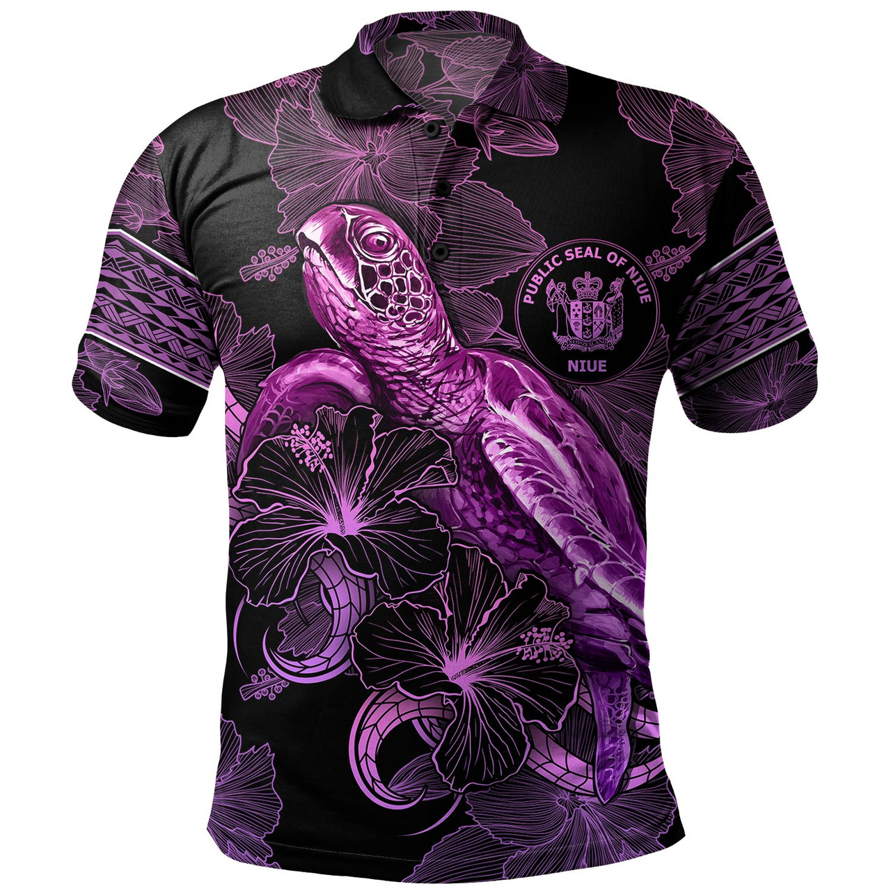 Niue Polo Shirt Sea Turtle With Blooming Hibiscus Flowers Tribal Purple