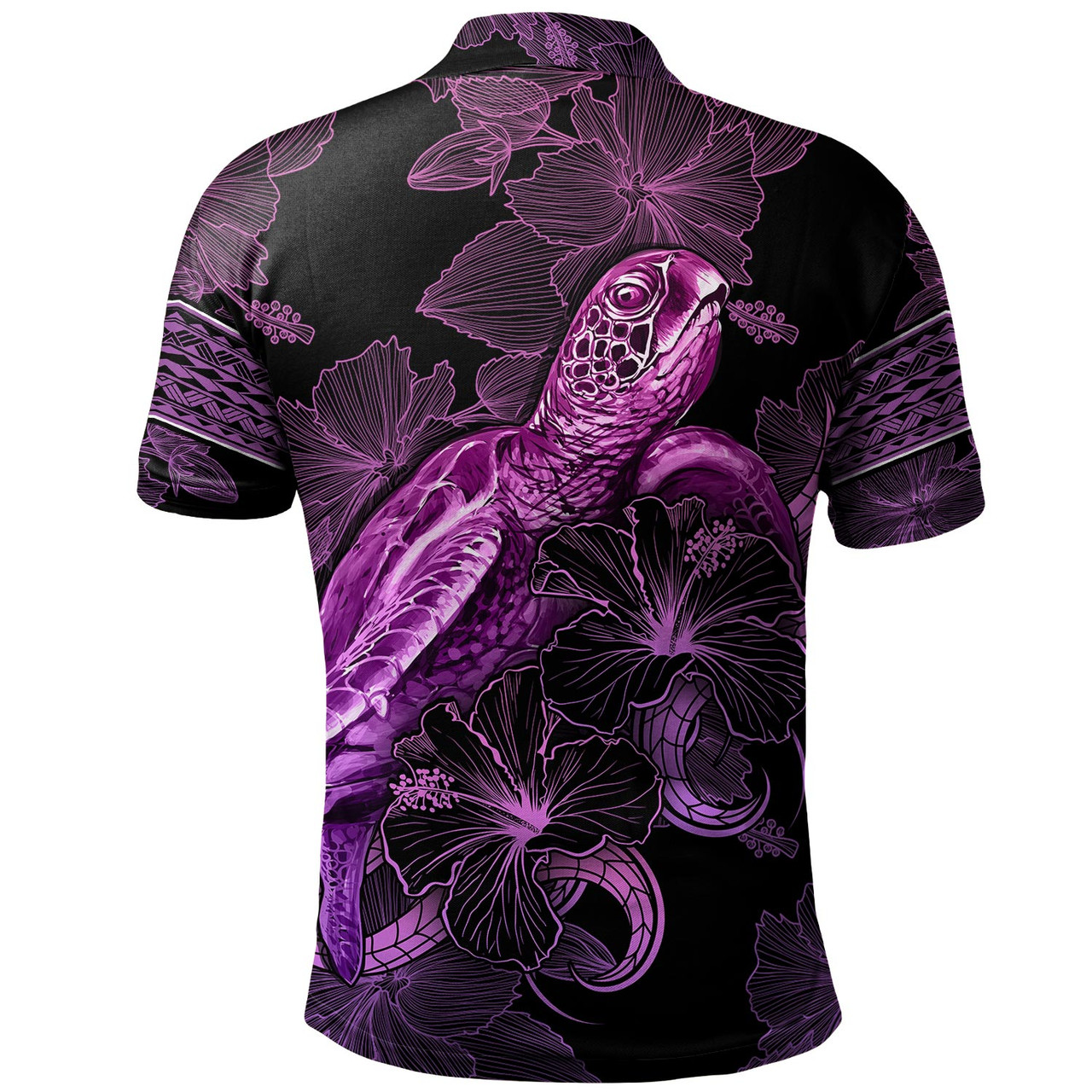 Niue Polo Shirt Sea Turtle With Blooming Hibiscus Flowers Tribal Purple