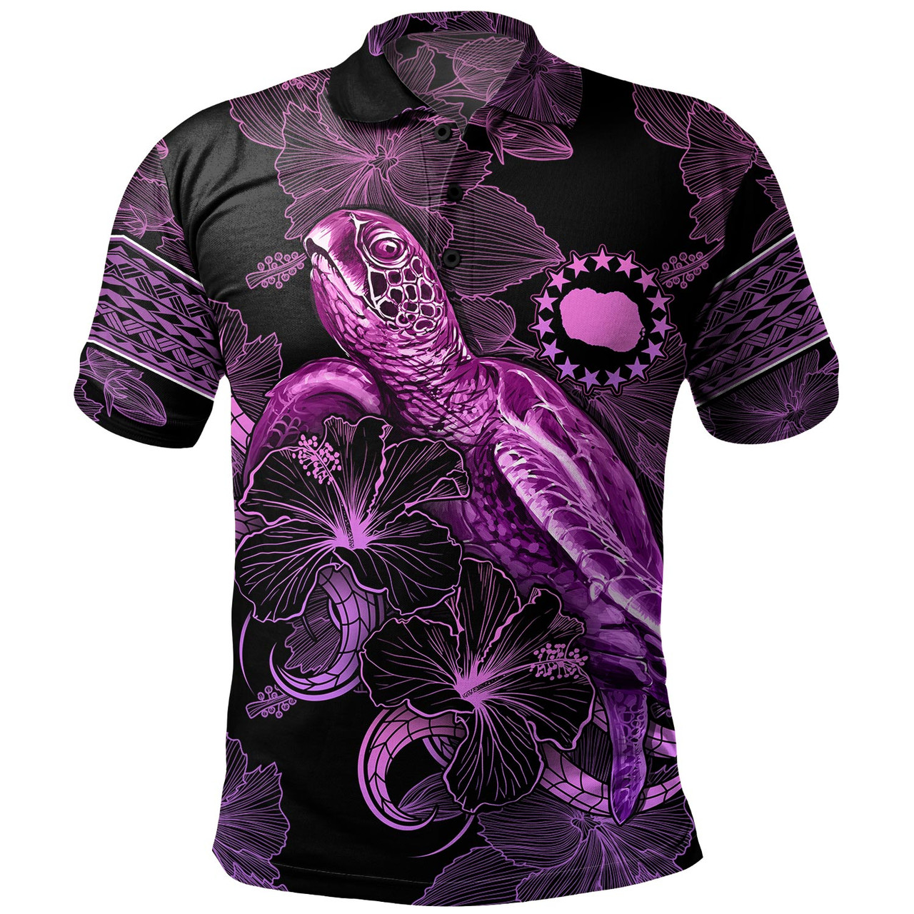 Cook Islands Polo Shirt Sea Turtle With Blooming Hibiscus Flowers Tribal Purple