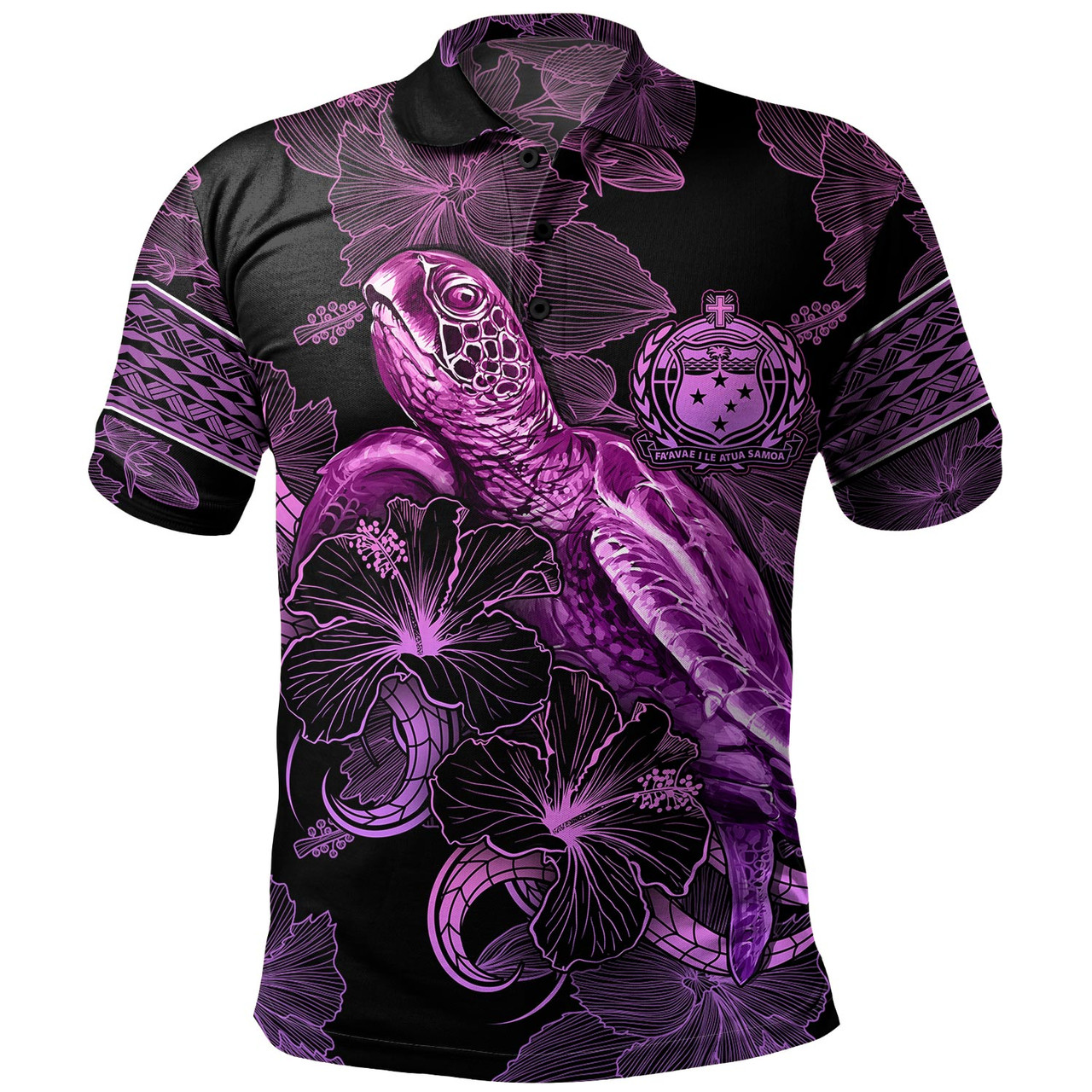 Samoa Polo Shirt Sea Turtle With Blooming Hibiscus Flowers Tribal Purple