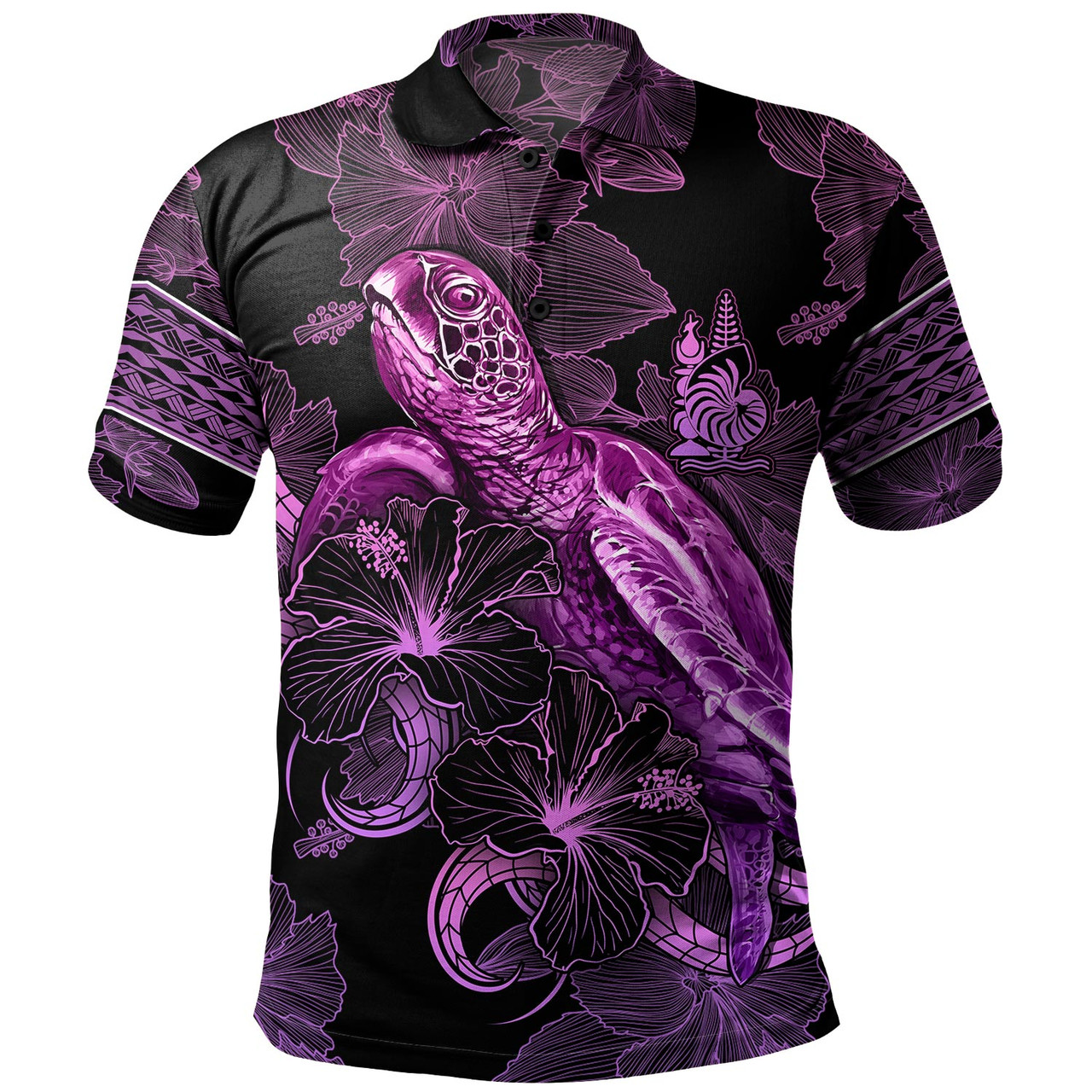 New Caledonia Polo Shirt Sea Turtle With Blooming Hibiscus Flowers Tribal Purple