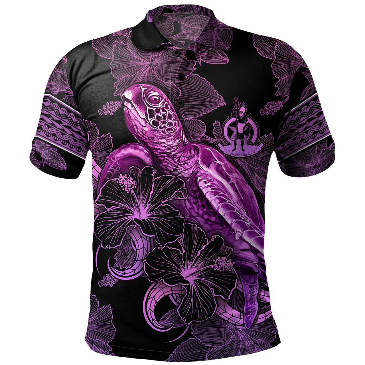 Vanuatu Polo Shirt Sea Turtle With Blooming Hibiscus Flowers Tribal Purple