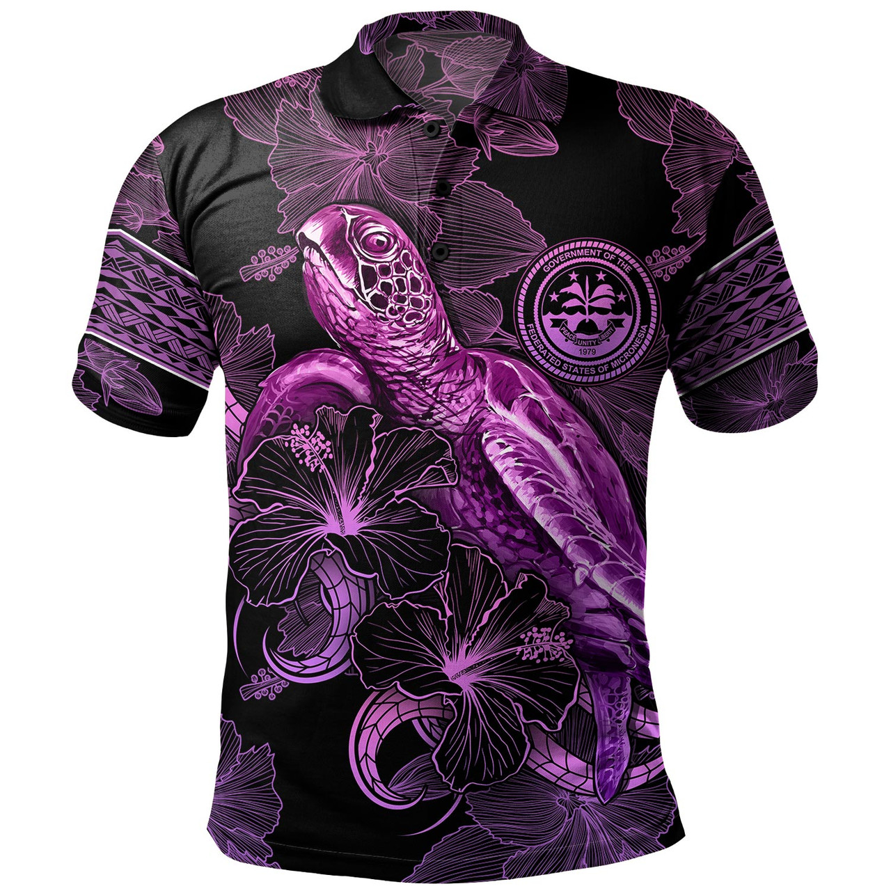 Federated States Of Micronesia Polo Shirt Sea Turtle With Blooming Hibiscus Flowers Tribal Purple
