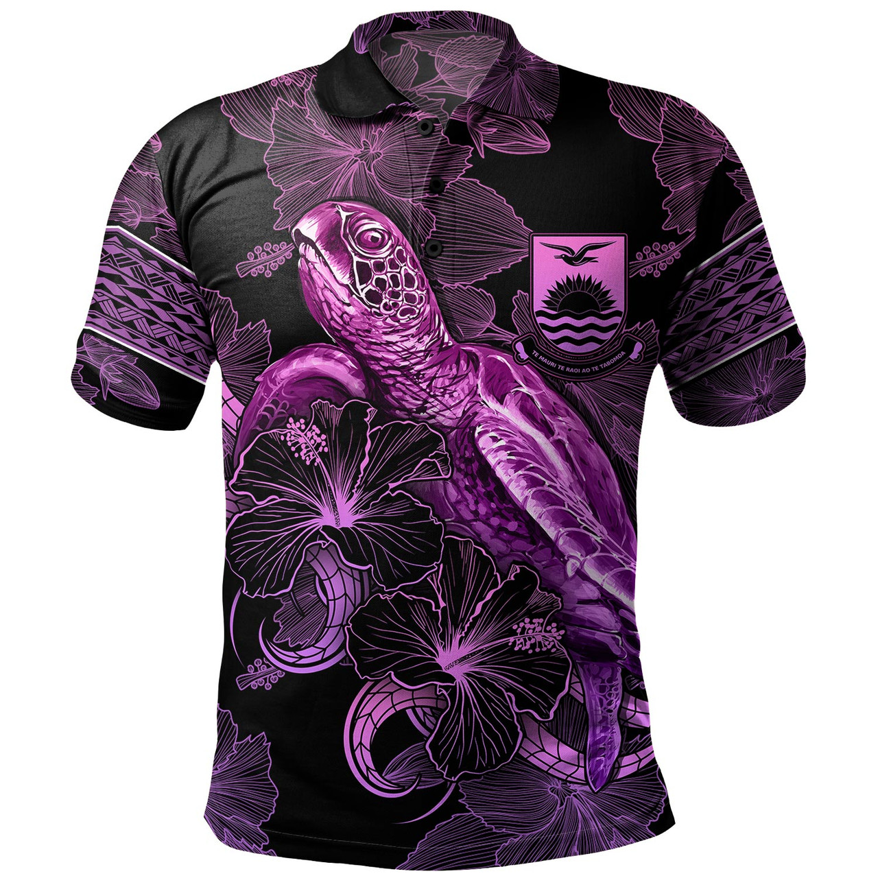 Kiribati Polo Shirt Sea Turtle With Blooming Hibiscus Flowers Tribal Purple