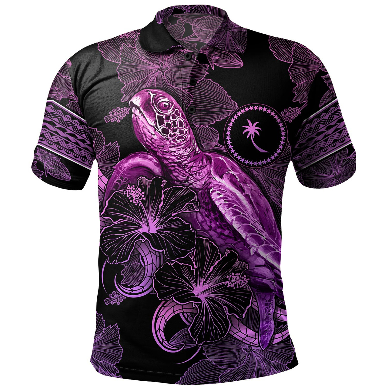 Chuuk State Polo Shirt Sea Turtle With Blooming Hibiscus Flowers Tribal Purple