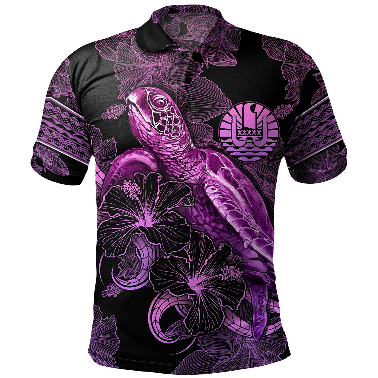 Tahiti Polo Shirt Sea Turtle With Blooming Hibiscus Flowers Tribal Purple