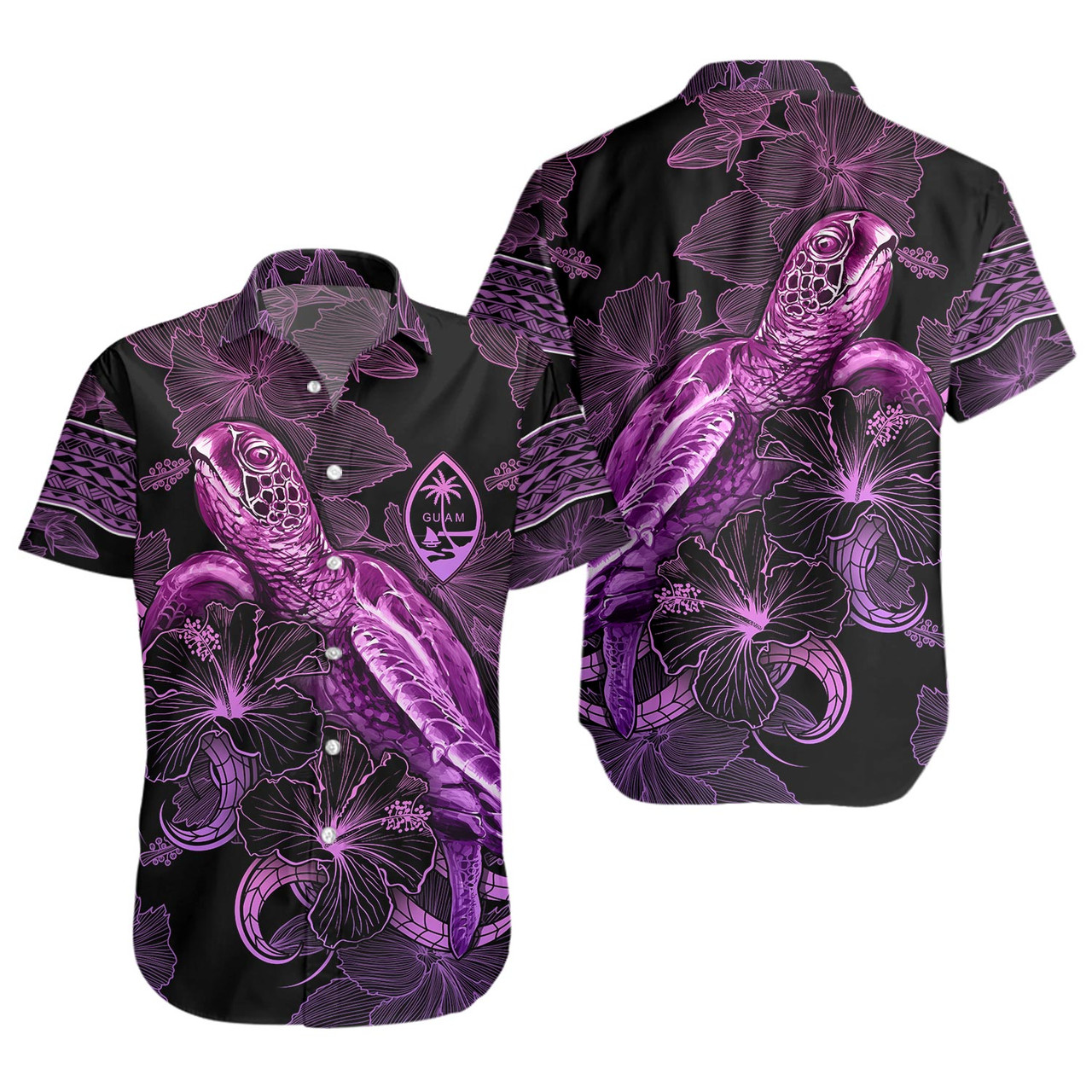 Guam Short Sleeve Shirt Sea Turtle With Blooming Hibiscus Flowers Tribal Purple