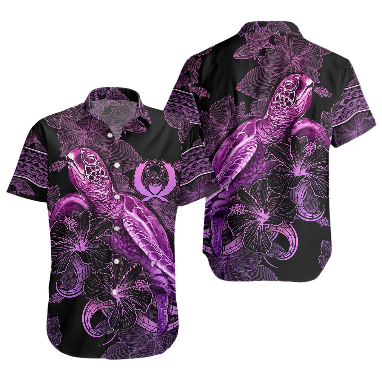 Pohnpei State Short Sleeve Shirt Sea Turtle With Blooming Hibiscus Flowers Tribal Purple