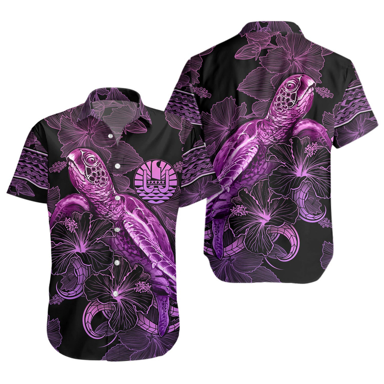 Tahiti Short Sleeve Shirt Sea Turtle With Blooming Hibiscus Flowers Tribal Purple