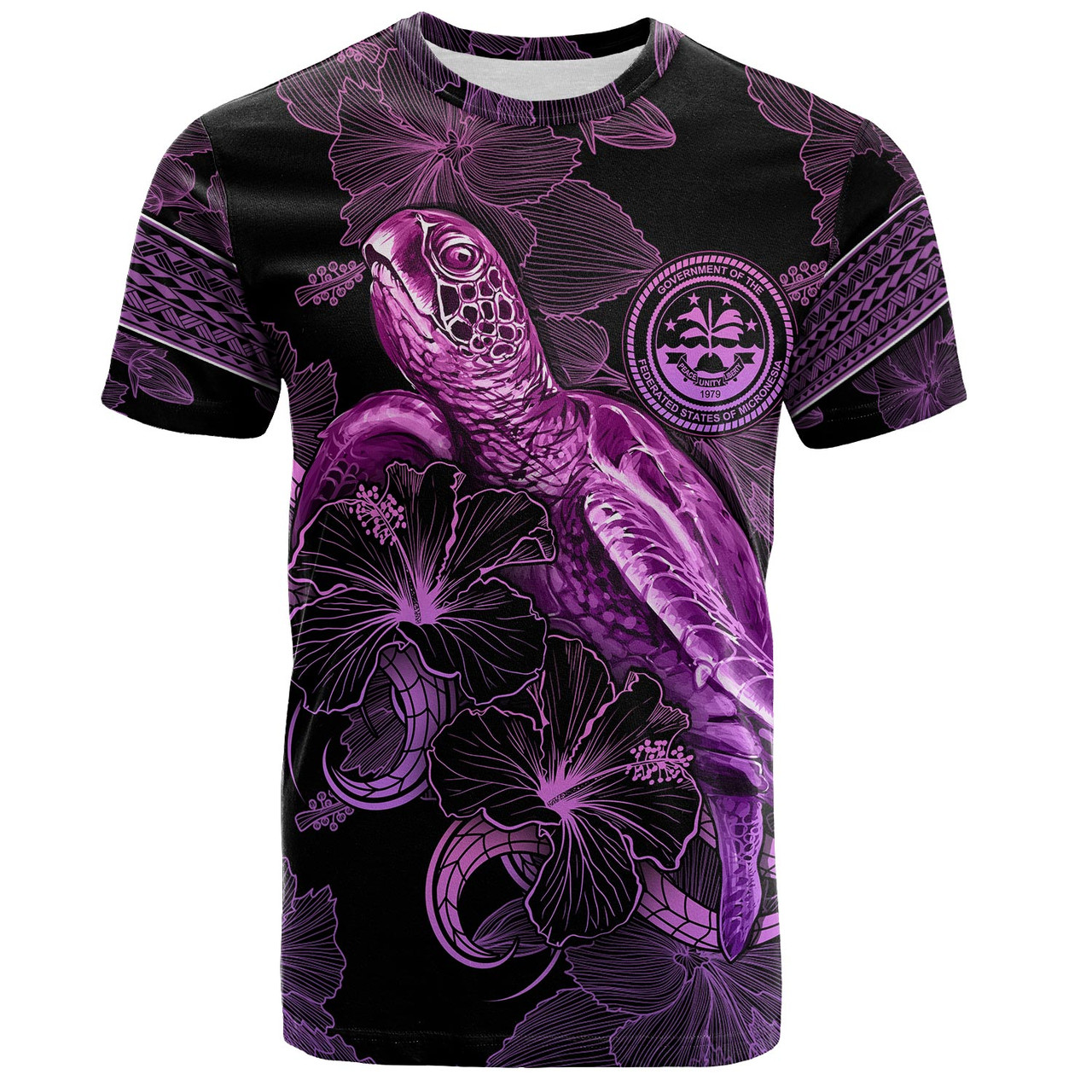 Federated States Of Micronesia T-Shirt Sea Turtle With Blooming Hibiscus Flowers Tribal Purple