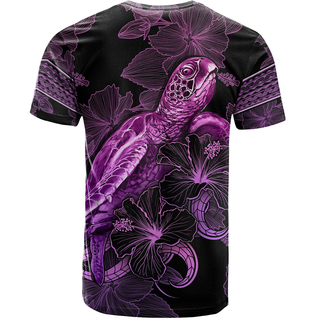 Kiribati T-Shirt Sea Turtle With Blooming Hibiscus Flowers Tribal Purple