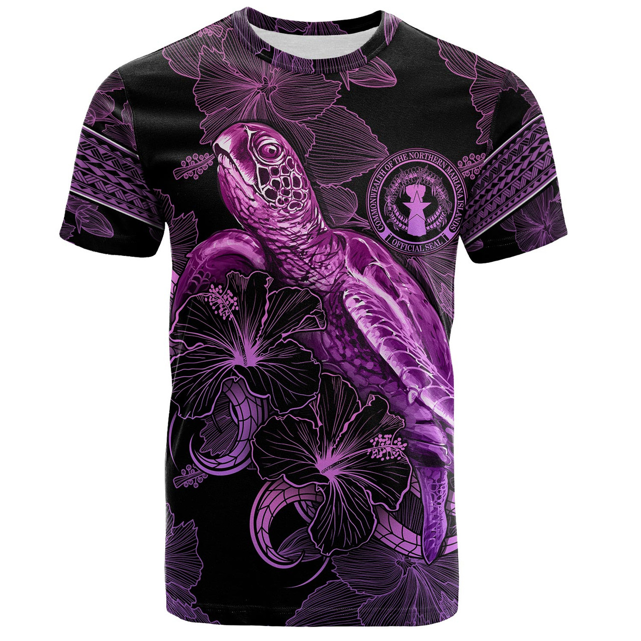 Northern Mariana Islands T-Shirt Sea Turtle With Blooming Hibiscus Flowers Tribal Purple