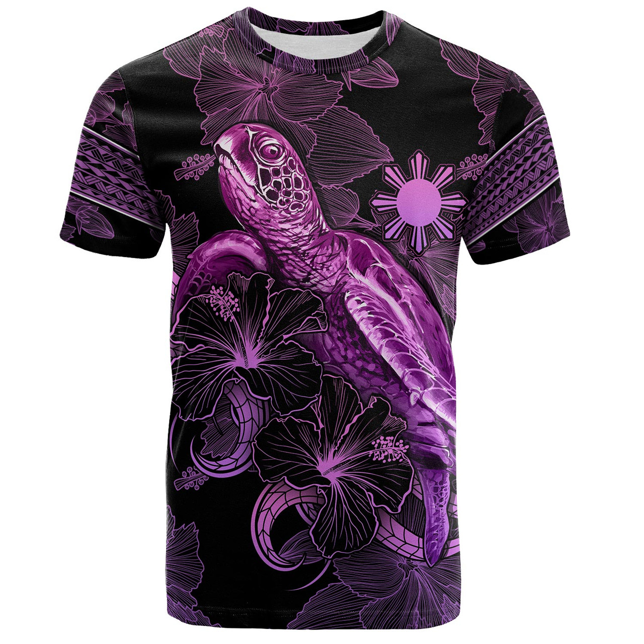 Philippines Filipinos T-Shirt Sea Turtle With Blooming Hibiscus Flowers Tribal Purple