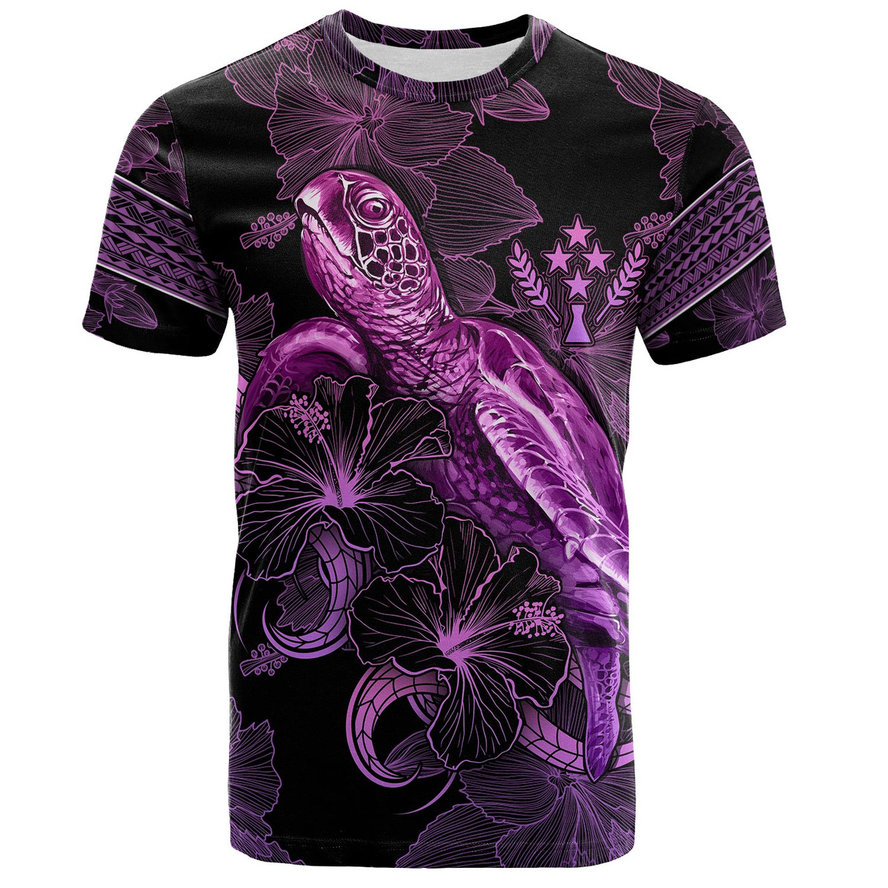 Kosrae T-Shirt Sea Turtle With Blooming Hibiscus Flowers Tribal Purple