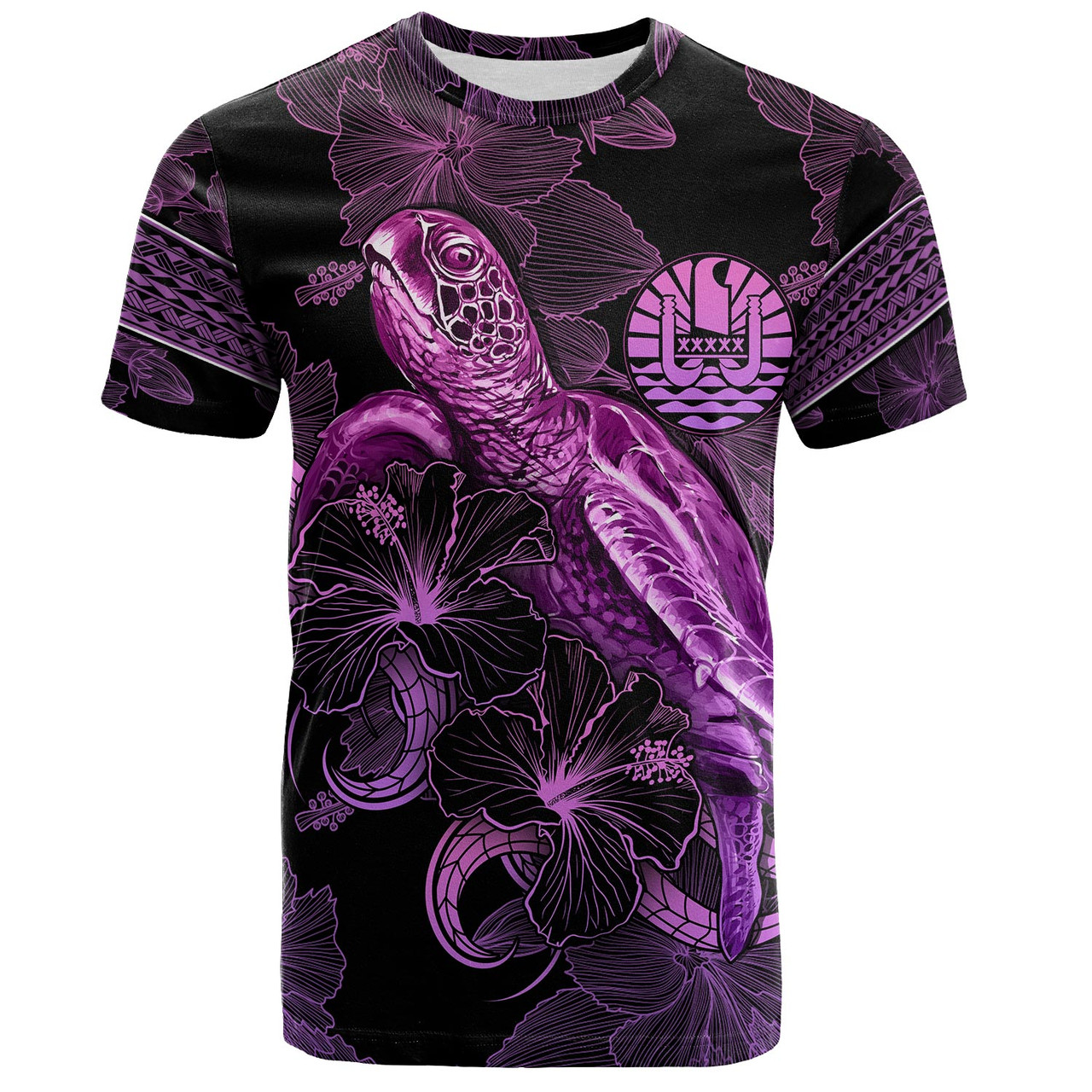 French Polynesia T-Shirt Sea Turtle With Blooming Hibiscus Flowers Tribal Purple