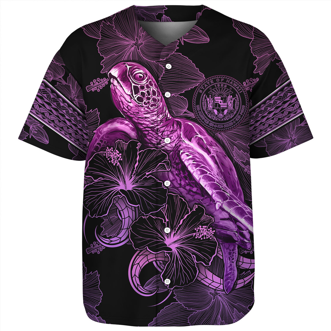 Hawaii Baseball Shirt Sea Turtle With Blooming Hibiscus Flowers Tribal Purple