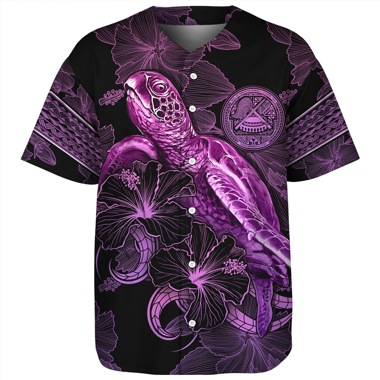 American Samoa Baseball Shirt Sea Turtle With Blooming Hibiscus Flowers Tribal Purple