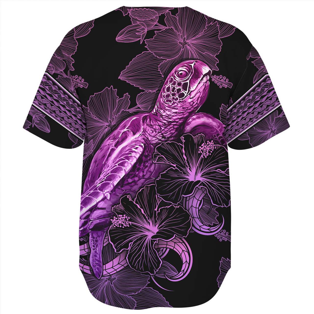 Tonga Baseball Shirt Sea Turtle With Blooming Hibiscus Flowers Tribal Purple