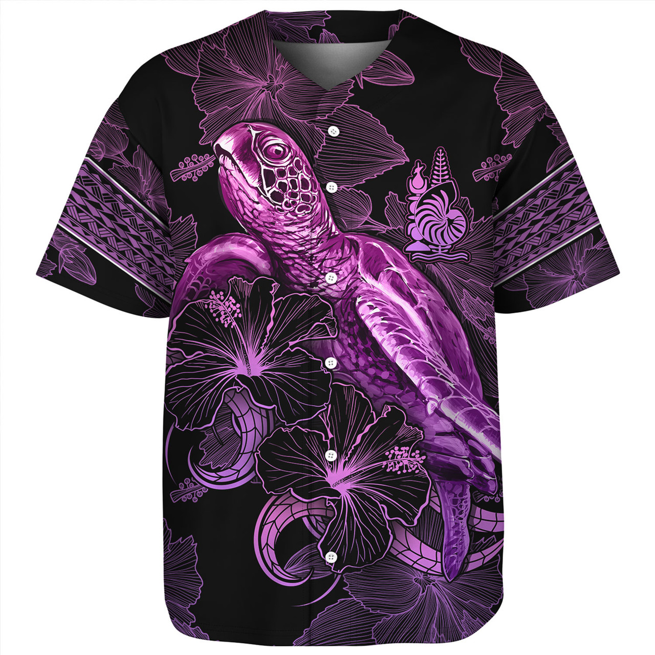 New Caledonia Baseball Shirt Sea Turtle With Blooming Hibiscus Flowers Tribal Purple