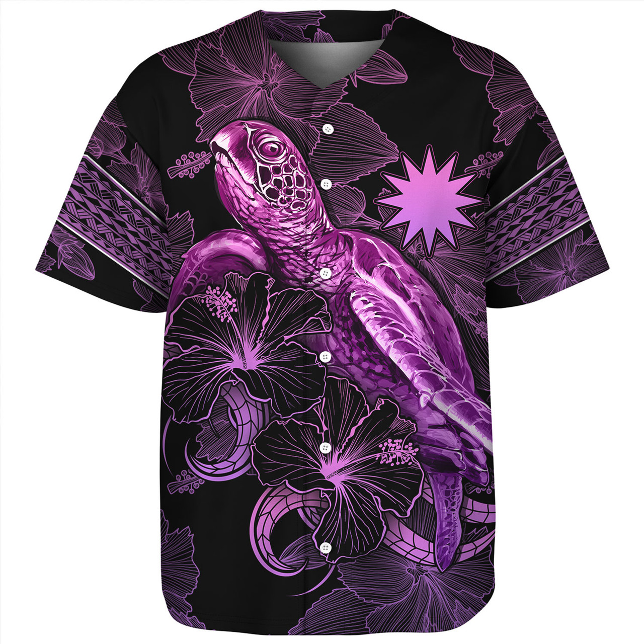 Nauru Baseball Shirt Sea Turtle With Blooming Hibiscus Flowers Tribal Purple